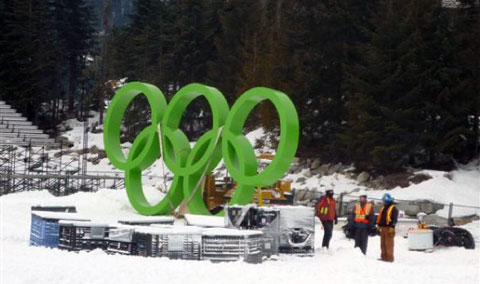 Installing the Olympic rings, alpine venue, Vancouver 2010 Olympic Winter Games.